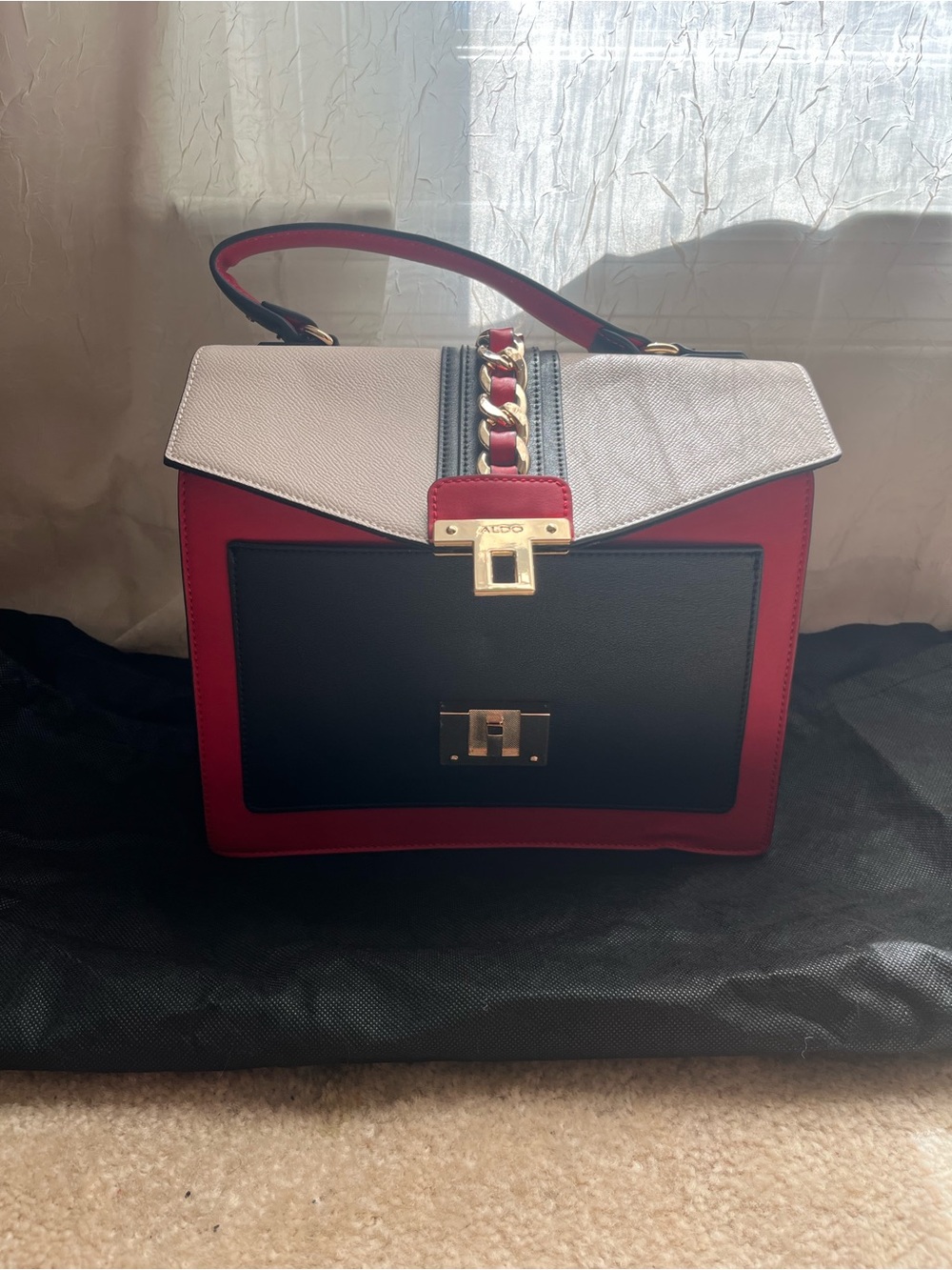 Red, Black & White Structured Top-Handle Bag